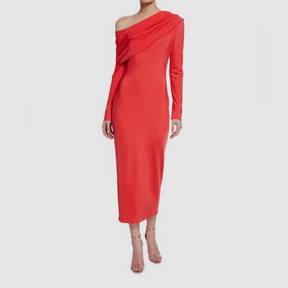 NWT Lapointe Women's Red Orange Coral Cowl Neck Off-The-Shoulder Bodycon Dress 6